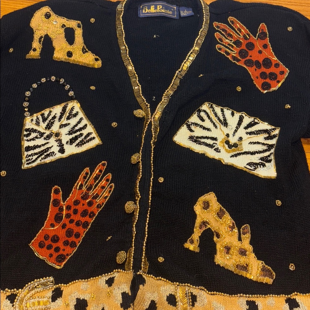 Belle Pointe Novelty Cardigan L Black Beaded Sequin Heels & Purses - Picture 2 of 9